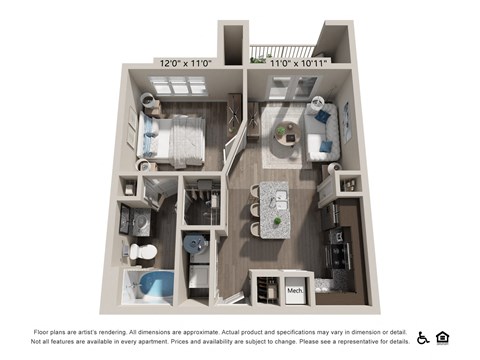 Floor plan for 1 bed, 1 bath, 570 sqft